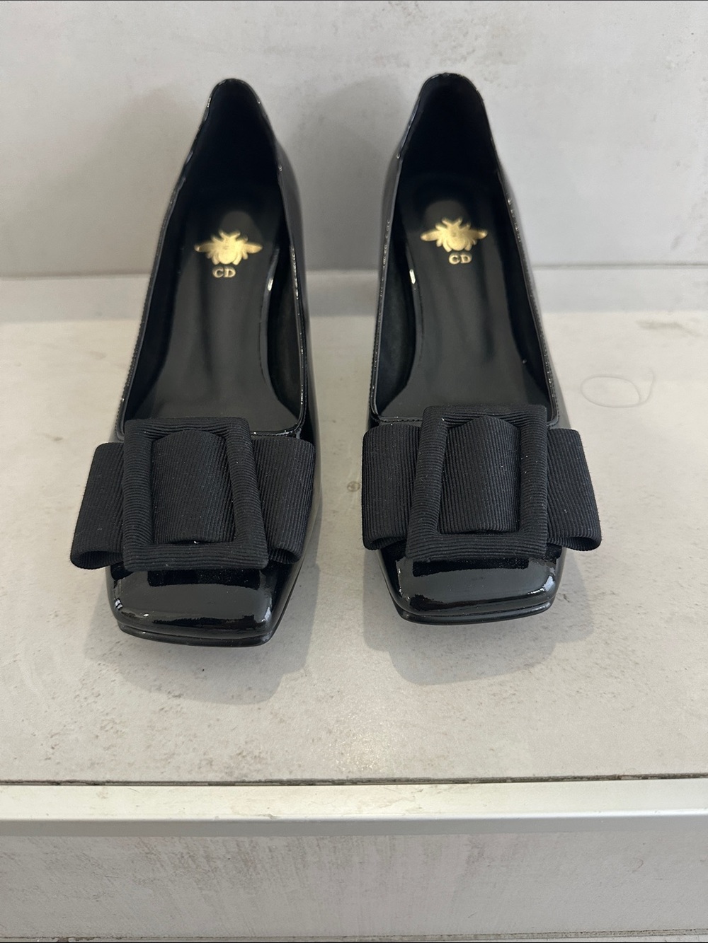 Black Patent Leather Bow Block Heel Pumps